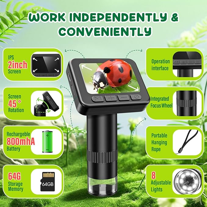 IMICHI Microscope for Kids 50X-1000X Magnification- 2 inch IPS HD Screen, 32GB storage Card, 1080P Video, 2-Hour Battery Life, Easy Carry, Slides Included - Perfect Science Kit Gift for Kids Ages 8-12