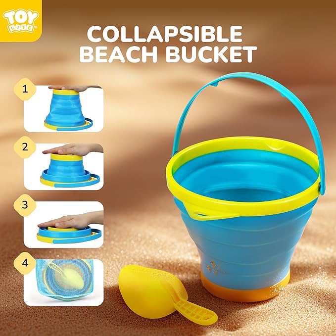TOY Life Collapsible Beach Bucket Toys for Kids Beach Essentials with Portable 3 Seashell Bags & 3 Silicone Collapsible Sand Bucket & Shovels Travel Sand Toys Sandbox Toy for Fishing, Beach Party