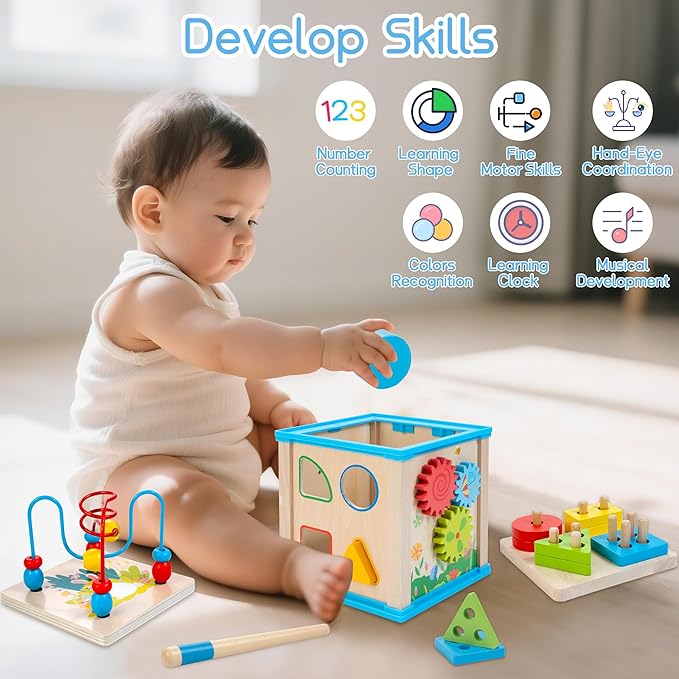 Wooden 7-in-1 Activity Cube, Montessori Toys for 1 Year Old Toddlers, Baby Educational Developmental Toys, One Year Old Boys Girls First Birthday Gifts with Bonus Sorting & Stacking Board