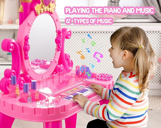 Vanity Makeup Table Toy with Adjustable Mirror, Comfortable Seat, Electronic Organ, Lights, and Music for Little Girls - Spark Imagination with Our Toddler Vanity Set