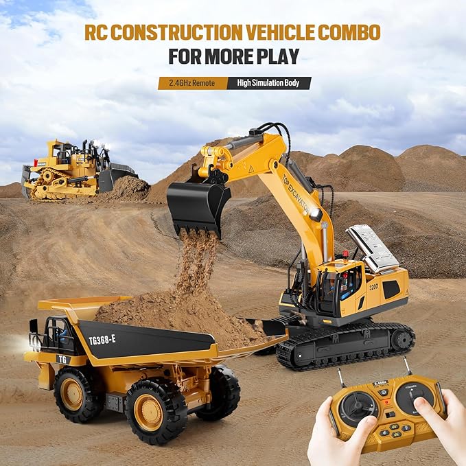 Remote Control Excavator Construction Toys for Boys, 2×1200mAh RC Construction Truck with Metal Shovel & Light, 11CH Excavator Toys for Boys 3-5 4-7 8-12 Year Old Kids Christmas Birthday Gift,120+Mins