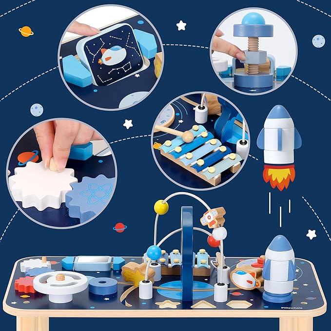 10-in-1 Wooden Activity Table for 1 Year Old | Montessori Baby Standing Activity Center & Sensory Play Cube with Xylophone, Rocket Blocks, Bead Maze, Mirror, Shape Sorter – Space Theme