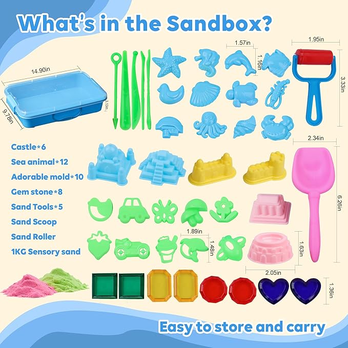Ocean Sensory Bin, Play Set with 2 Color Moldable Sensory Sand, Magic Sand Art Kit with Sandbox, Sensory Beach Toys for Toddlers Kids, Christmas Birthday Gift for Boys Girls Age 3 4 5 6 7 8