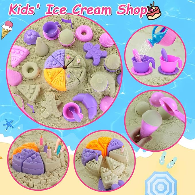 Beach Sand Toys, 50Pcs Sandbox Toys with 2 Collapsible Buckets, Mesh Backpack Bag, Shovels, Ice Cream, Cake & Castle Sand Molds, Summer Outdoor Travel Toys for Kids Toddlers Girls