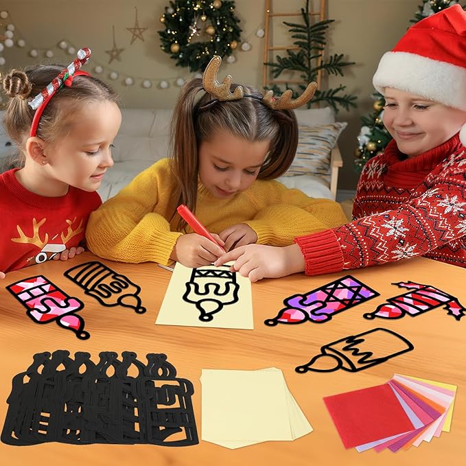 Qyeahkj 36 Set Christmas Xmas Candle Suncatchers Crafts Kit DIY Window Tissue Paper Craft Kits Stained Glass Effect Winter Holiday Hanging Ornaments for School Classroom Home Activity Art Favor Gift