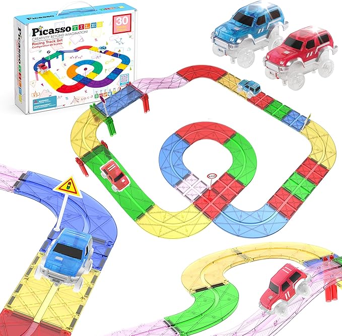 PicassoTiles Magnetic Tiles Race Track Car Thrilling Toy Playset Includes 2 Racing Trucks STEM Educational Magnet Tile Building Block Construction Set for Toddlers Boys Girls Ages 3 and Older PTR30
