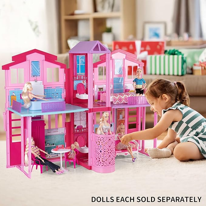 Large Foldable Doll House, 36'' Play House Dollhouse for 12" Dolls, Portable Princess House with Elevator, Bed, Basin & Pets etc, Doll Accessories, Gift for Birthday Christmas for Girls