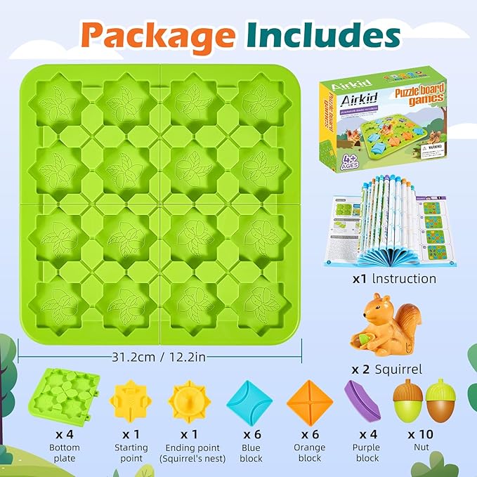 Airkid STEM Board Games Brain Toys, Maze Brain Teaser Puzzles Learning Games for Kids Ages 4-8, 118 Challenges 5 Difficulty Levels Squirrel Logic Track Building Blocks, Educational Toys Birthday Gifts