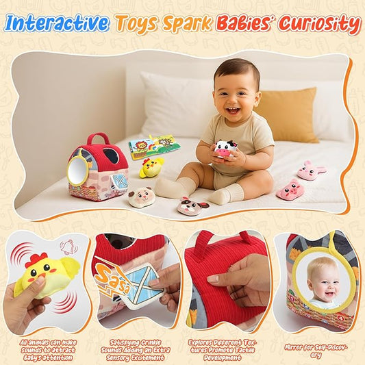 Baby Toys 6-12 Months, Barn Farm Stuffed Animals Sensory Newborn Toys for Babies Toddlers 1-3 Year Old with Rattle Crinkle Paper/Mirror/Cloth Books, Montessori Infant Toys for Boy Girl Birthday Gifts
