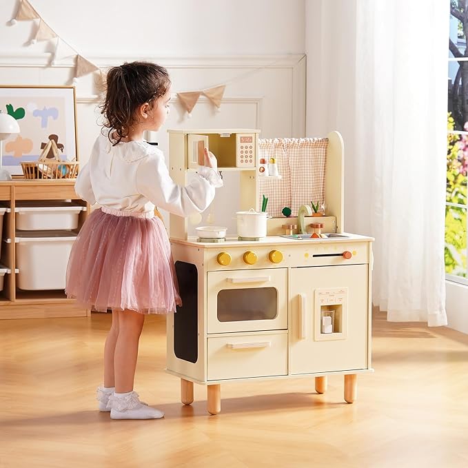 ROBUD Wooden Play Kitchen Set, Pretend Play Kitchen for Kids, Toy Kitchen with Microwave, Sink, Stove and Ice Maker, Toddlers Kitchen Playset Gift for Boys Girls, 3+ (Cream)