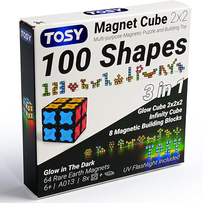 TOSY Magnet Cube 2x2 - 8 Blocks, 2in1 Toy: 2x2x2 Puzzle Cube and Customizable Infinity Cube, Glowing, Christmas Stocking Stuffers Gift for Kids/Grankids, UV Flashlight, Sensory/STEM Toy