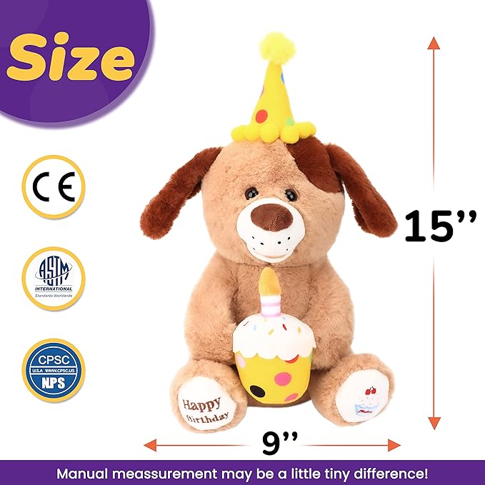 Hopearl Adorable Happy Birthday Dog with Glowing Cupcake Musical Stuffed Animal Puppy Singing and Shaking Plush Toy Interactive Animated Kids Gifts, Brown, 15''