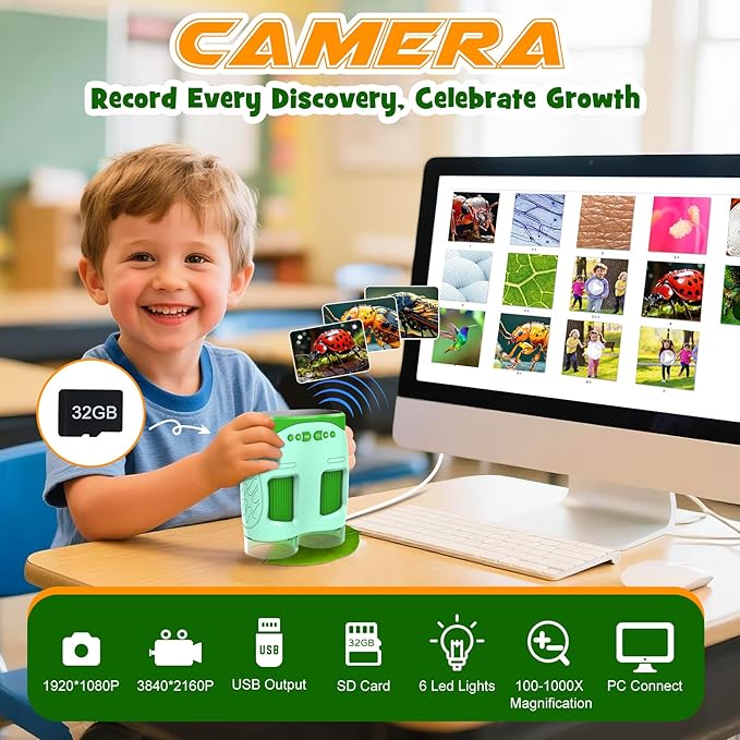 Handheld Microscope Toy for Kids : Rechargeable Telescope and Camera Combo with 6 Slides, Perfect for Indoor Outdoor Exploration, Portable Edu for Age 3-12 Children Students