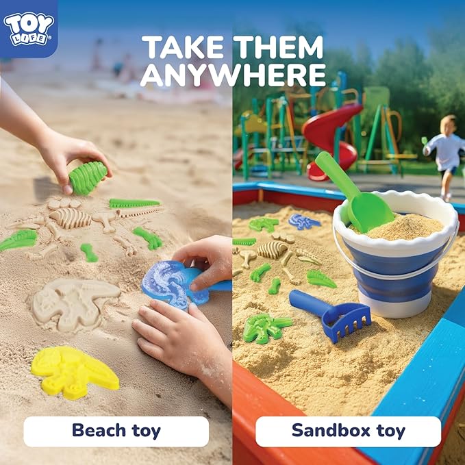 TOY Life 30 Pcs Dinosaur Fossil Beach Toys for Kids Ages 4-8 Collapsible Sand Toys with Dinosaur Toys Silicone Bucket Shovels & Dino Digging Building Kit Molds, Sandbox Toy for Summer, Travel