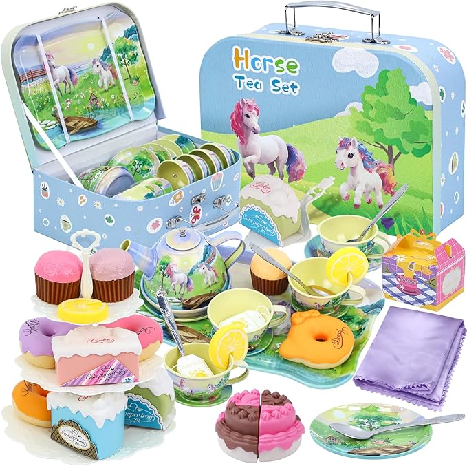 Tea Party Set for Little Girls,50PCS Princess Horse Tea Time Toy Including Food Sweet Treats Playsets,Teapot Tray Cake,Tablecloth & Carrying Case,Kids Kitchen Pretend Play for Girls Boys Age 3 4 5 6