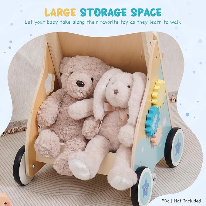 ROBUD Wooden Baby Walker, Montessori Walker Toy, Baby Push Walker with Brake, Activity Center, Adjustable Height Handle, Push Toys for Boys and Girls Learning to Stand and Walk, Ages 10m+