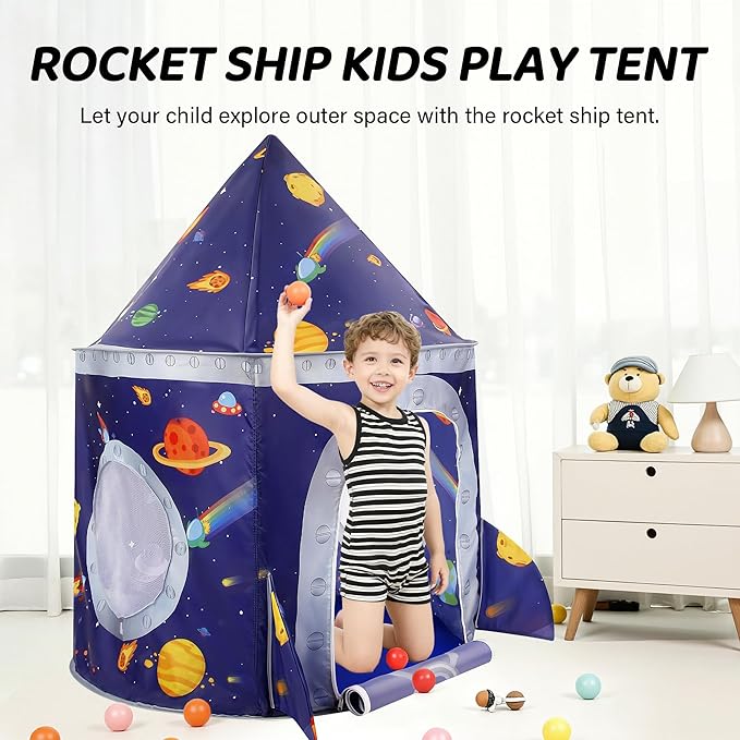 TTLOJ Rocket Space Ship Kids Play Tent Gift, Toddlers Playhouse Castle Toys, Baby Boys Girls Gift for 3 4 5 6 7 Year Old, Outdoor Indoor Teepee Tent