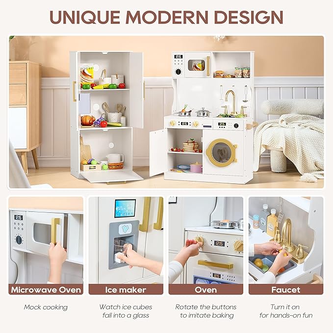 Kids Kitchen Playset with Realistic Design, Luxury Play Kitchen with Extended Storage Cabinets, Toy Kitchen for Toddlers with Coffee Counter, Cookware Accessories, Oven, Microwave (Soft White)