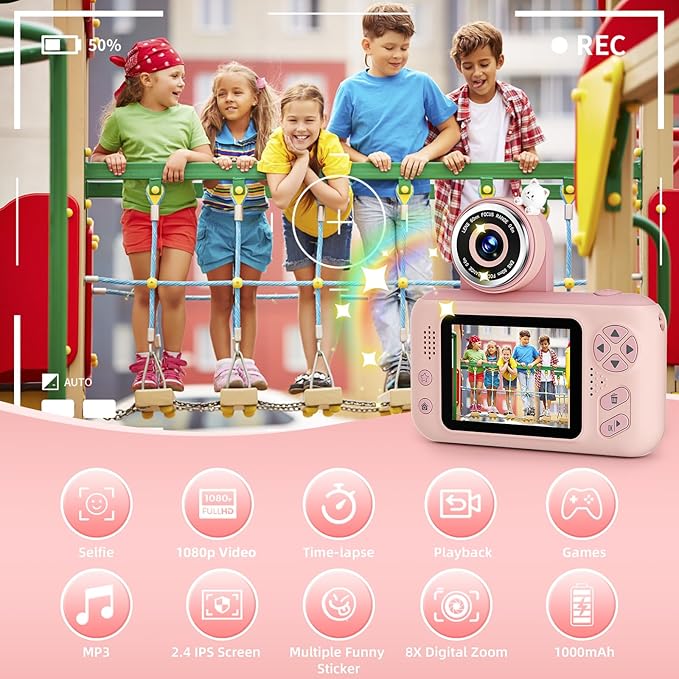 Upgrade Kids Selfie Camera,Chritmas Birthday Gift for 3-9 Years Old Girls,Portable Toy for 3 4 5 6 7 8 9 Year Children,Toddler 1080HD Digital Video Camcorder Camera with 32G SD Card Pink