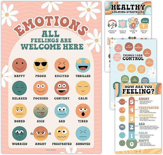 Hadley Designs Feelings Chart For Kids Ages 4-8 - Emotions Chart For Toddlers 3-5, Counseling Feelings Posters For Classroom Calming Corner, Social Emotional Learning Posters, Retro Classroom Decor
