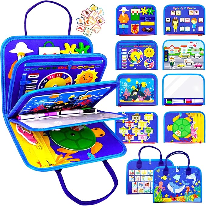 Busy Board, Ocean Toddler Busy Book Montessori Toys for 1 2 3 4 Year Old, Sensory Board Learning Activities Fine Motor Skills, Christmas Birthday Gifts for Girls Boys, Travel Toys for Airplane Car