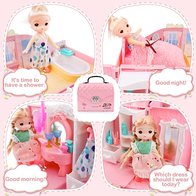 deAO Dollhouse Portable Backpack for Girls Pretend Playhouse with Furniture & Figures 2 in 1 Playhouse Set Birthday Toys for Age 3-6 Year Old Kindergarten Toddlers Preschoolers