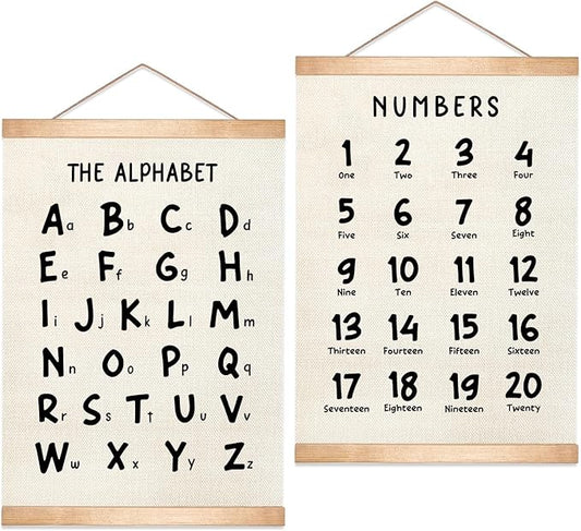 HEYJEEPER Kids Alphabet and Numbers Learning Posters Set of 2,18.5x14 Inch Linen&Canvas Educational Wall Art with Wood Hanger, ABC 123 Chart for Toddlers Classroom Nursery Playroom Decor(Black Font)
