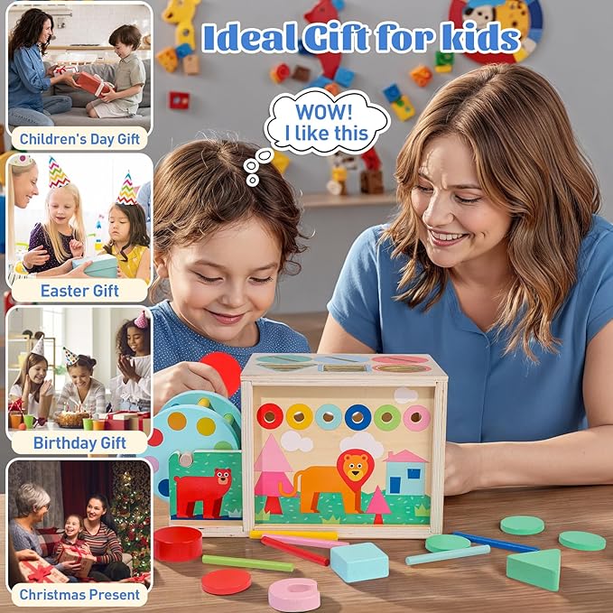Toddlers Wooden Activity Cube Toys, 5-in-1 Montessori Toys for 3 Year Old Boys Girls, Shape Color Sorting Sensory Toy, Drawer Box Toy, Multipurpose Educational Learning for Baby