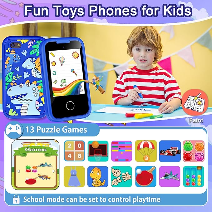 Kids Phone for Boys, Christmas Birthday Gifts for Boy Girl Age 3-10 Kids Toys Cell Phone, 2.8" Touchscreen Toddler Learning Play Toy Phone with Dual Camera, Game, Music Player, 8GB Card Blue