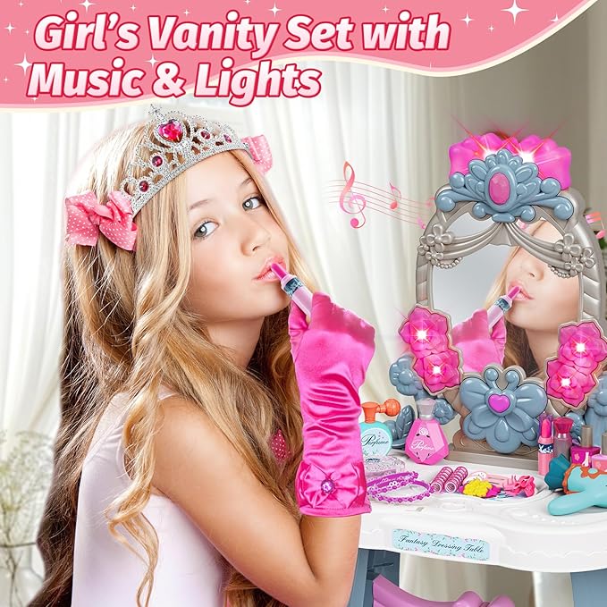VViN Kids Vanity Set for Girls with Light & Music, Princess Vanity Table with Stool, Pretend Makeup Dresser with Crown, Scepter, Gloves & Jewelry Accessories, Toys for 3 4 5 Year Old