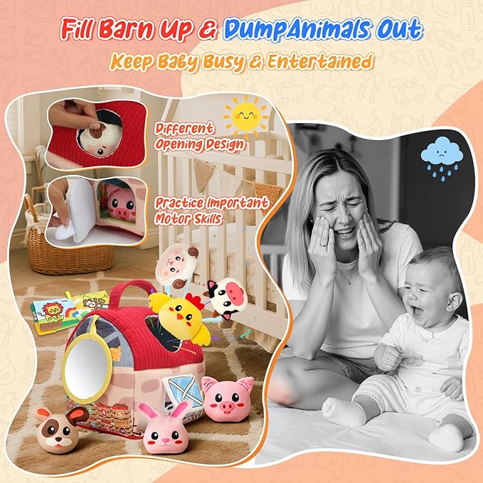 Baby Toys 6-12 Months, Barn Farm Stuffed Animals Sensory Newborn Toys for Babies Toddlers 1-3 Year Old with Rattle Crinkle Paper/Mirror/Cloth Books, Montessori Infant Toys for Boy Girl Birthday Gifts