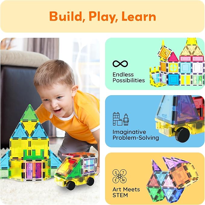 PicassoTiles Magnetic Tiles Toddler Toys Magnetic Building Blocks for Kids 61 Piece STEM Educational Toys for Girls & Boys Ages 3-12 Play for Preschool Learning Stocking Stuffer