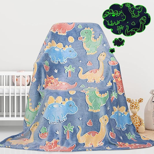 Cute Kids Blanket Glow in The Dark Dinosaur for Boys Flannel Glowing Bed Sofa Couch Soft Warm Blankets Christmas Birthday Gifts Teen 40"x50"