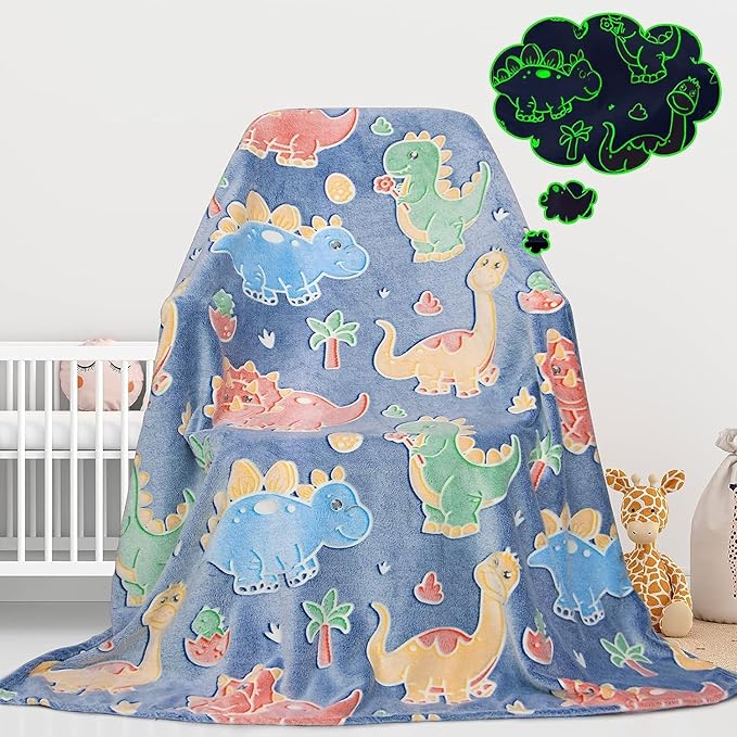 Cute Kids Blanket Glow in The Dark Dinosaur for Boys Flannel Glowing Bed Sofa Couch Soft Warm Blankets Christmas Birthday Gifts Teen 80"x60"