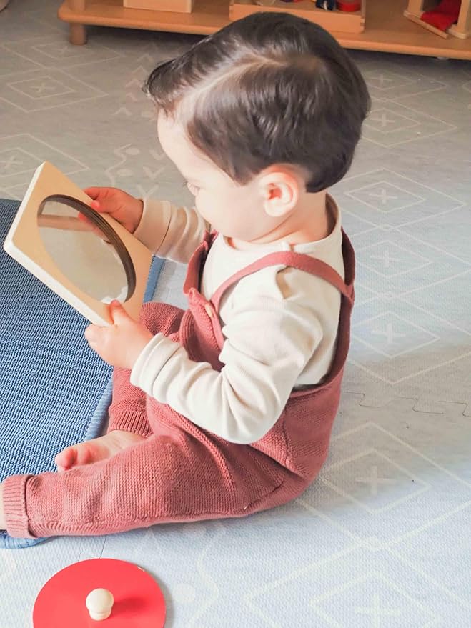 Montessori Baby Toys Play Kit Montessori Mirror Peekaboo Knob Puzzle, Medium Spinning Drum and Rainbow Fabric Ball Kit Toys for6-12Months Toddlers (Mirror Peekaboo Knob Puzzle)