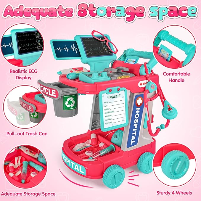 Upgraded Doctor Pretend Playset for Toddlers, Pretend Play Medical Toy Doctor Cart, Doctor Toy for Toddlers 3-5, Christmas Birthday Costume Role Play Dress Up Gift Ideas for Boys Girls(Pink)