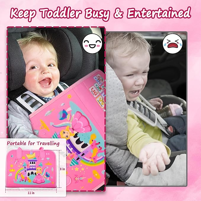 Busy Board, Princess Toddler Busy Book Montessori Toys for 1 2 3 4 Year Old, Sensory Board Learning Activities Fine Motor Skills, Christmas Birthday Gifts for Girls Boys, Travel Toys for Airplane Car