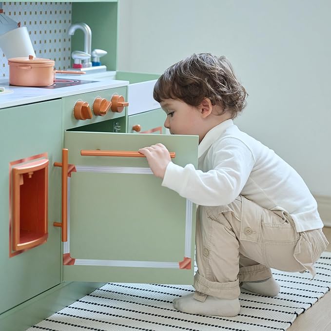 Teamson Kids Little Chef St. Louis Retro Wooden Play Kitchen for Toddlers, Green Pretend Kitchen Set with Ice Maker, Backsplash & 15 Accessories, Toy for Kids Ages 3+