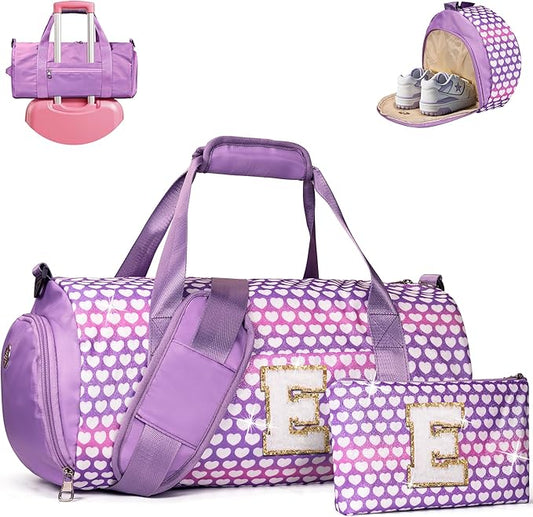 Christmas Gifts for Grandkids, Girls Travel Duffel Bag, Kids Initial Overnight Bags with Shoe Compartment, Personalized Gym Ballet Dance Bag with Makeup Pouch, Birthday Gift Ideas (Letter E)