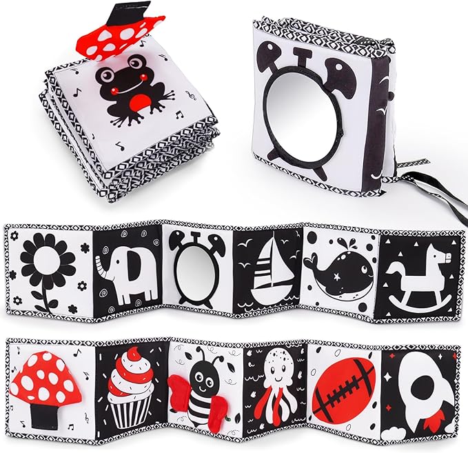 Black and White High Contrast Toys for Baby 0-3 3-6 months Infant Tummy Time Soft Book Sensory Musical Toy 0-2-4-6 month Babies Brain Development Crinkle Book Mirror Newborn Christmas Stocking Stuffer