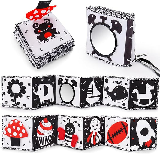 Black and White High Contrast Toys for Baby 0-3 3-6 months Infant Tummy Time Soft Book Sensory Musical Toy 0-2-4-6 month Babies Brain Development Crinkle Book Mirror Newborn Christmas Stocking Stuffer