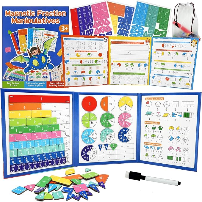 Magnetic Fraction Tiles & Circles Set with Dry Erase Board - Montessori Math Manipulatives Kit for Grade 1-5, Homeschool Classroom Fraction Puzzles and Games