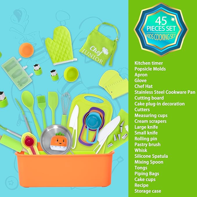 Real Cooking Set,Carolart Kids Baking Set,Kids Knife Set,Cookware,Kids Play Pots and Pans,Mini Stainless Steel Pretend Play Cooking Toys,Apron and Chef Hat for Boys,Sensory Toys…