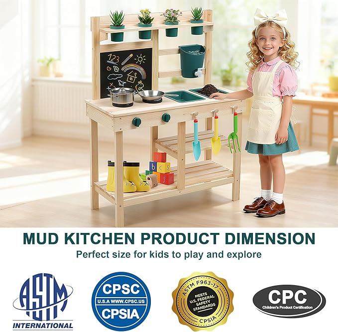 Kids Mud Kitchen Toy, Cedar Wood Outdoor Kitchen with Removable Sink, Planting Area, Simulated Stove, Double-Sided Chalkboard, and Storage Space | Backyard Role-Play Toy | Ages 3+