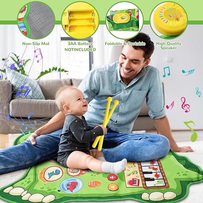 Cyiecw 3-in-1 Dinosaur Musical Mat, Piano Drum Play Mat Gifts for 1 2 3 Year Old Girls, Sensory Early Educational Musical Learning Toys for Baby Boys, Birthday Gift for Toddlers 1-5 Years Old