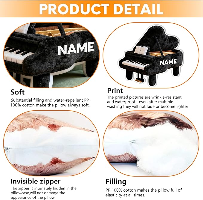 Custom Piano Shaped Pillow Cute Personalized Name Plush Doll, Double-Sided Construction Engineering Vehicle Pillow for Kids, Birthday Gifts for Boys and Girls Sofa Decorative Pillows 8-32in