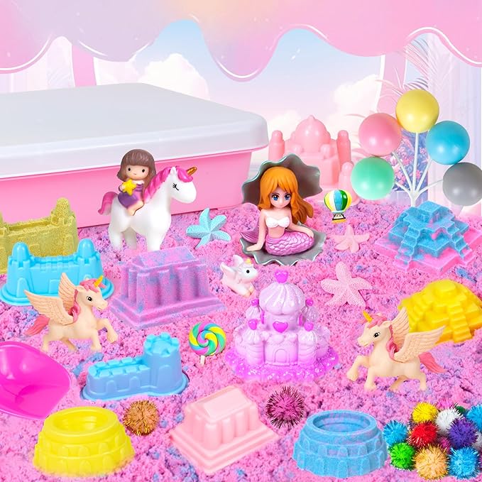Sensory Bin, 47Pcs Unicorn Sandbox with Lid Play Sand Art Kit for Toddlers Sensory Toys with Magic Sand, 4 Unicorns, Moulds, Castle, Mermaid, Cleaning Tools- Gift for Kids 3 4 5 6 7 8