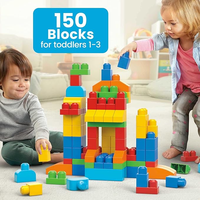MEGA BLOKS First Builders Toddler Blocks Toys Set, Deluxe Building Bag with 150 Pieces and Storage, Creative Open-Ended Play, Blue, Ages 1+ Years (Amazon Exclusive)