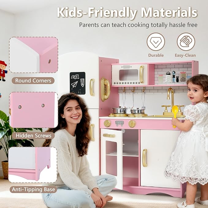 Kinder King Wooden Kids Play Kitchen, Toy Kitchen Playset for Toddler, Pretend Oven, Microwave, Telephone, Chalkboard, Interactive Doors, Knobs, Realistic Kitchen Sets for Boys Girls Age 3+, Gold