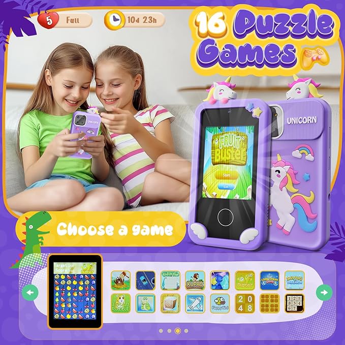 Luyiilo Kids Smart Phone Toys for Girls,Unicorn Gift Toys for Girls Ages 3-9 Christmas Birthday Gifts Mini Smart Phone Toys With 2.8" Touchscreen 16 Learning Games Dual Camera Music Player, 8G SD Card